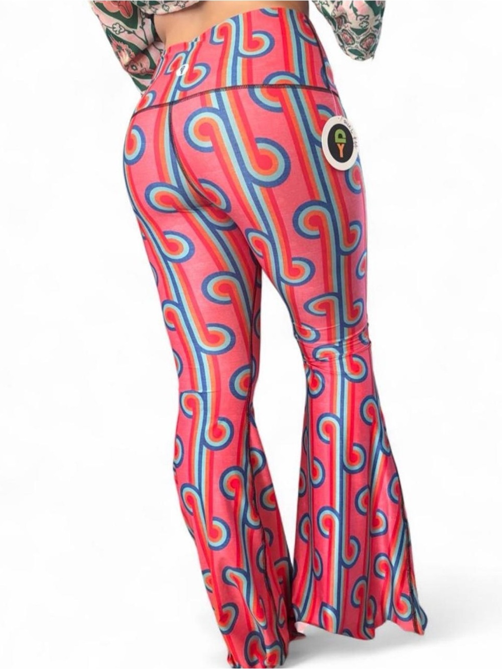 Yoga Democracy High-Rise Pink Rainbow Print Bellbottom Flare Pants Size L - Picture 3 of 6